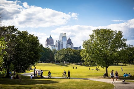 Scenic view of a city from a park