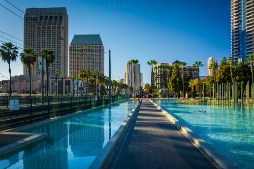 Walkway and modern skyscrapers seen at the Childrens Park in San Diego, California.