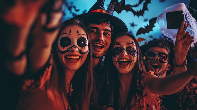group-friends-halloween-party-taking-selfies-photo-booth-decorated-with-bats-spider-webs